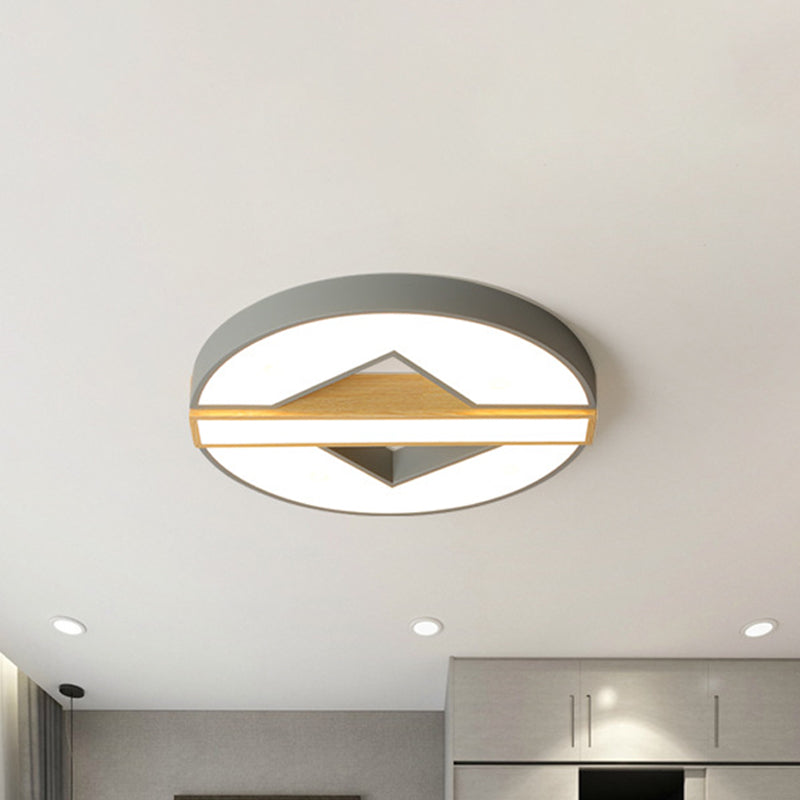 LED Macaron Green/Grey-Wood Bedroom Ceiling Light - 16.5"/20.5" Flushmount with Round Acrylic Shade, Warm/White Light