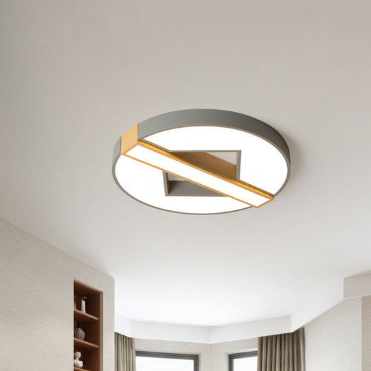 Led Macaron Green/Grey-Wood Bedroom Ceiling Light - 16.5/20.5 Flushmount With Round Acrylic Shade