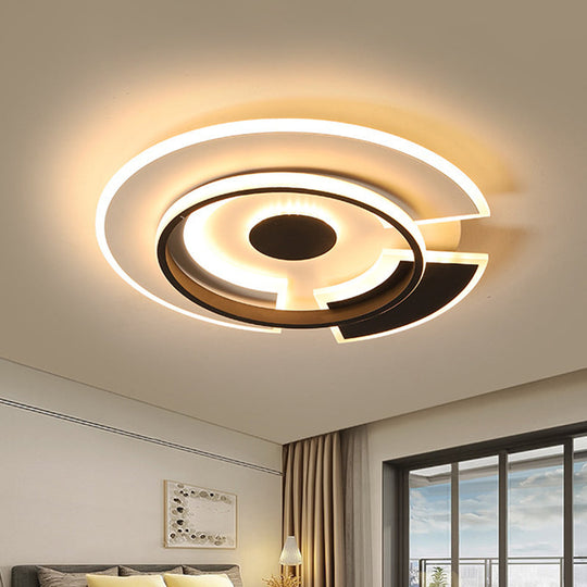 Modern Spliced Disc Thin Ceiling Light - Acrylic LED Flush Mount Fixture in Black & White - 18"/21.5" Wide - Warm/White Light