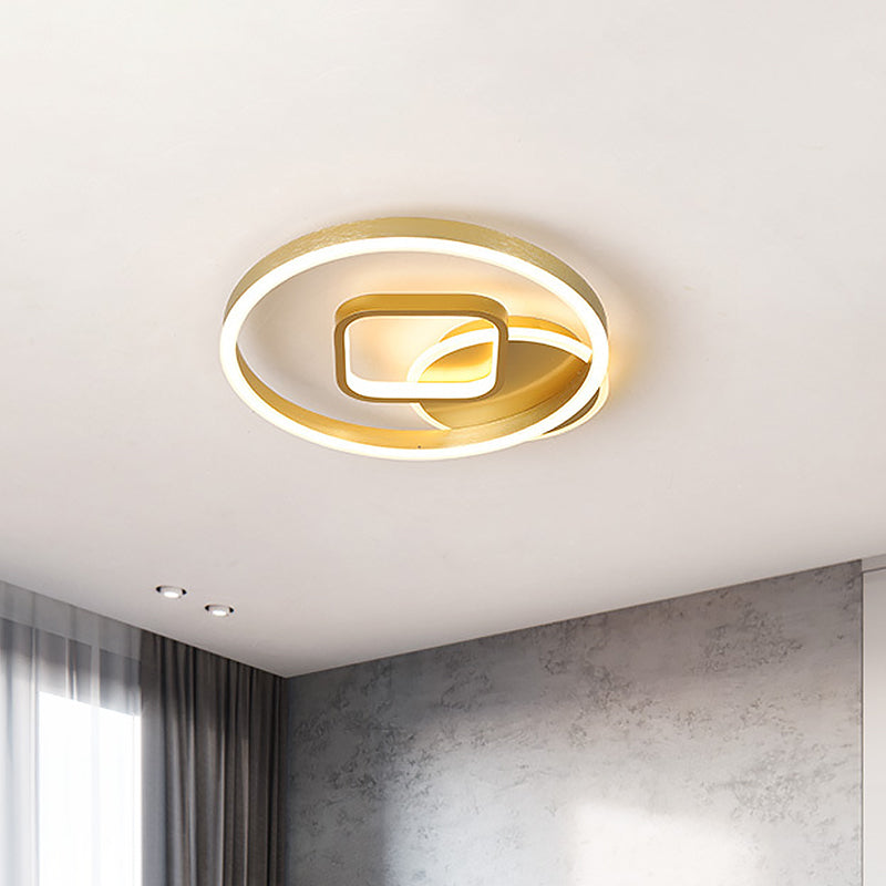 18"/22" Wide LED Flush Mount Lamp - Minimal Metal Golden Circle and Square Ceiling Light in Warm/White Light