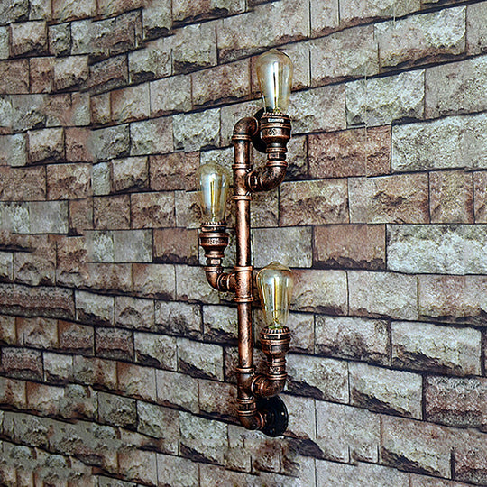 Warehouse Water Pipe Wall Sconce Lamp - Exposed Bulb Iron Light In Weathered Copper (2/3 Lights) 3 /