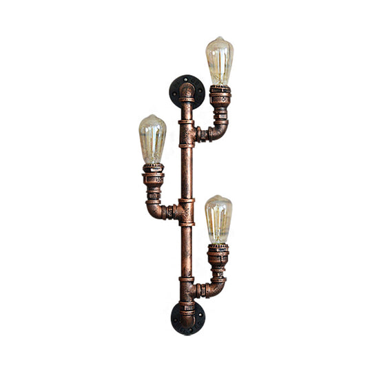 Warehouse Water Pipe Wall Sconce Lamp - Exposed Bulb Iron Light In Weathered Copper (2/3 Lights)