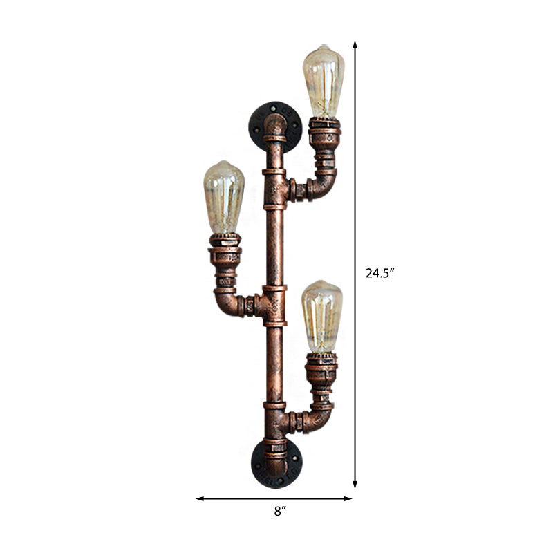 Warehouse Water Pipe Wall Sconce Lamp - Exposed Bulb Iron Light In Weathered Copper (2/3 Lights)