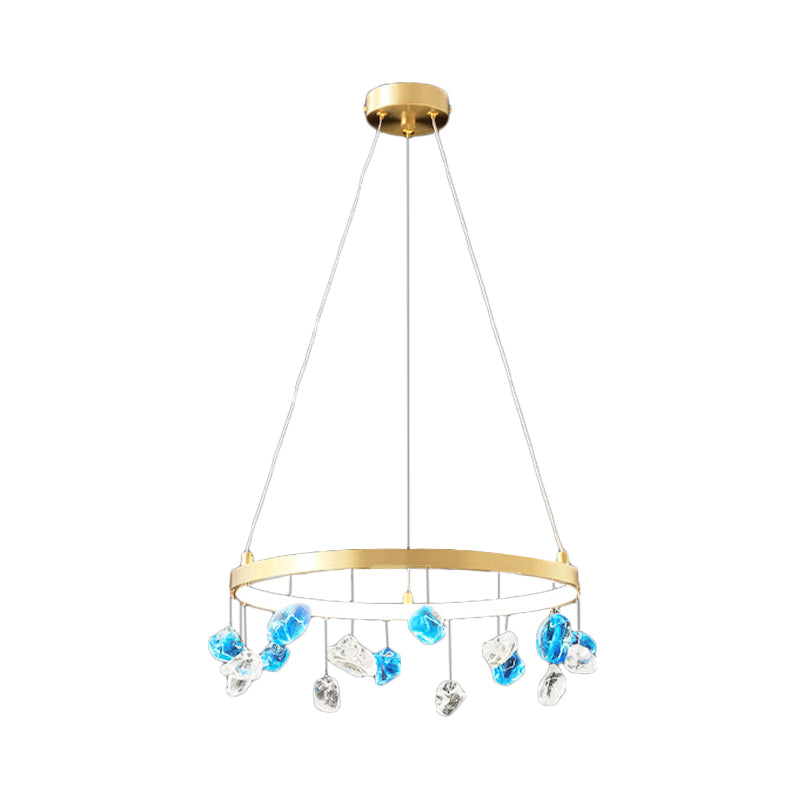 Gold LED Chandelier with Colored Gem Droplet - Mid Century Circle Pendant Lighting, 16"/19.5" Wide