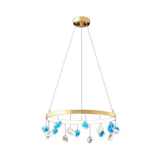 Gold LED Chandelier with Colored Gem Droplet - Mid Century Circle Pendant Lighting, 16"/19.5" Wide