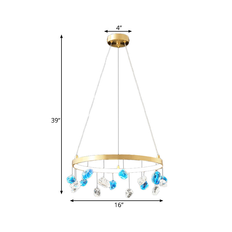 Gold Metal Led Chandelier With Colored Gem Droplet Mid Century Circle Design 16/19.5 Wide