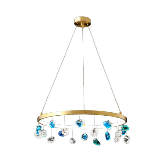 Gold Metal Led Chandelier With Colored Gem Droplet Mid Century Circle Design 16/19.5 Wide