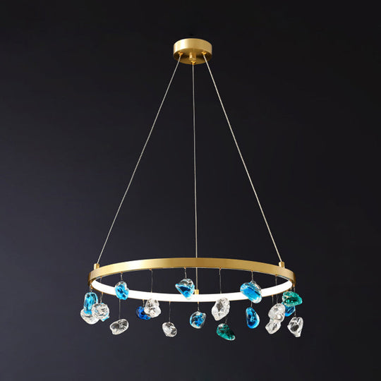 Gold LED Chandelier with Colored Gem Droplet - Mid Century Circle Pendant Lighting, 16"/19.5" Wide