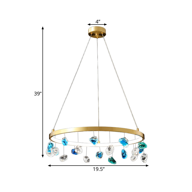 Gold LED Chandelier with Colored Gem Droplet - Mid Century Circle Pendant Lighting, 16"/19.5" Wide