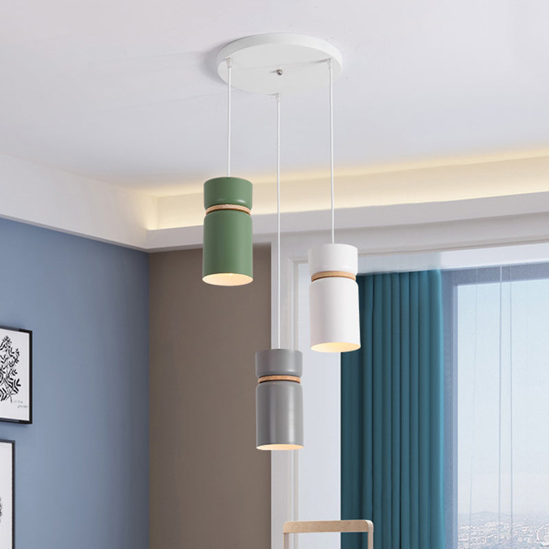 Macaron 3-Light Pendant: Metallic White-Grey-Green Tubes with Wood Band