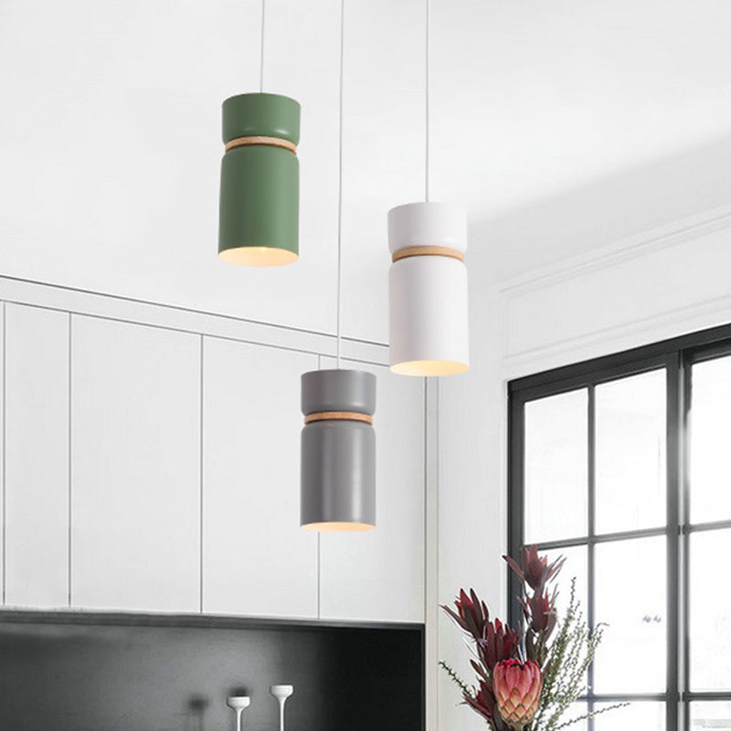 Macaron 3-Light Pendant: Metallic White-Grey-Green Tubes with Wood Band