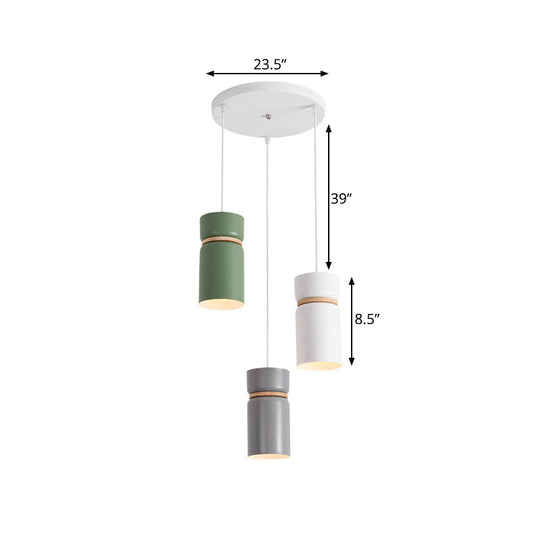 Macaron 3-Light Pendant: Metallic White-Grey-Green Tubes with Wood Band