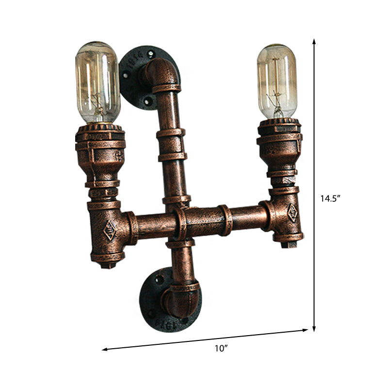 Warehouse Water Pipe Wall Sconce Lamp - Exposed Bulb Iron Light In Weathered Copper (2/3 Lights)