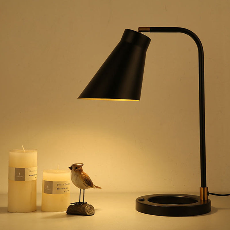 Minimalist Black Night Lamp: Angled Shade Table Light With Metal Stand And Ring Base