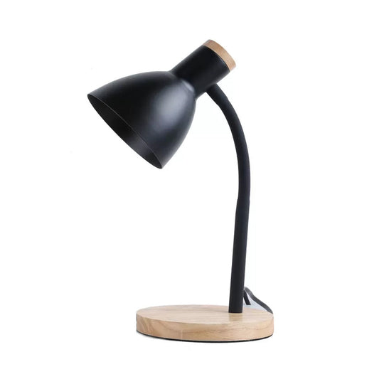 Modern Metallic Night Light With Flexible Gooseneck Bowl Shade And Wood Base - Black/White 1 Head