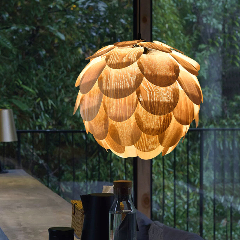 Asian Pinecone Pendant Light: Beige Wooden Hanging Lamp For Guest Room