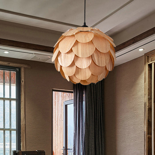 Asian Pinecone Pendant Light: Beige Wooden Hanging Lamp For Guest Room