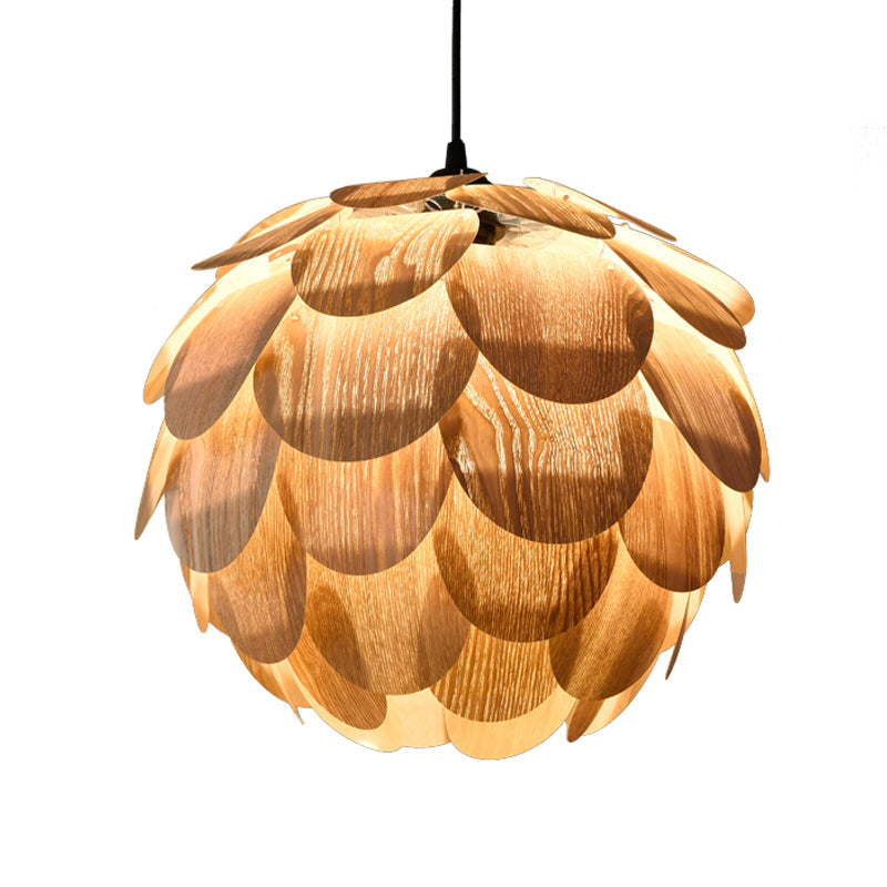 Asian Pinecone Pendant Light: Beige Wooden Hanging Lamp For Guest Room