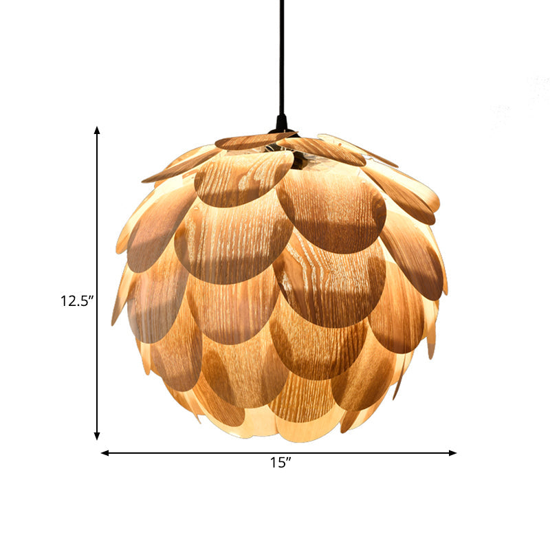 Asian Pinecone Pendant Light: Beige Wooden Hanging Lamp For Guest Room