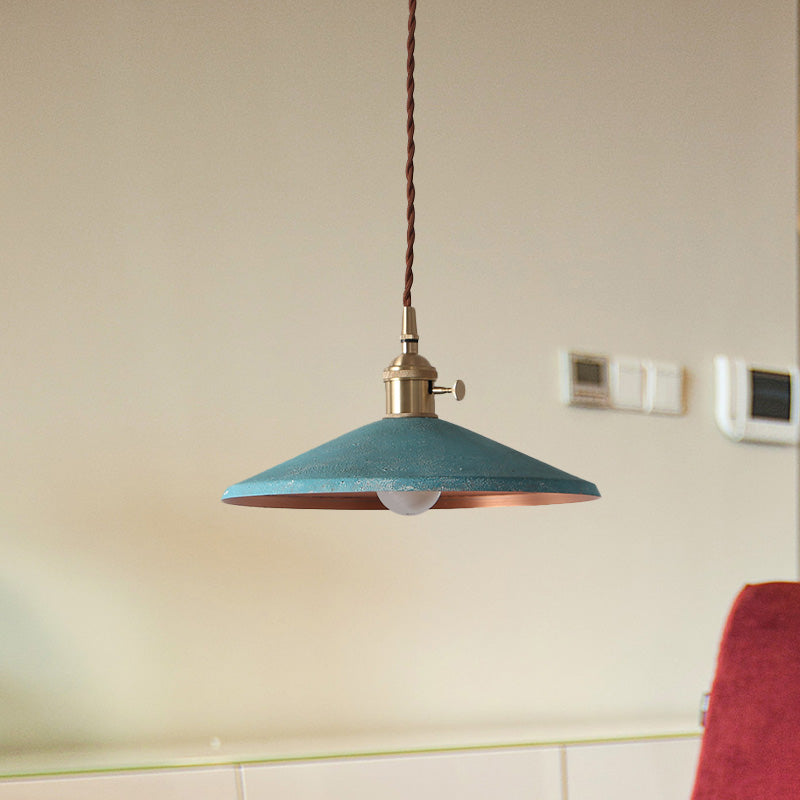 Rustic 1-Light Saucer Shade Hanging Pendant Lamp In Blue/Red/Silver For Dining Room With Stranded