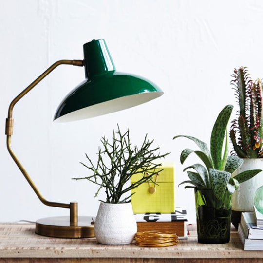 Retro Brass Iron Bow Desk Lamp With Single Bulb And Green/White Wide Bowl Shade Green