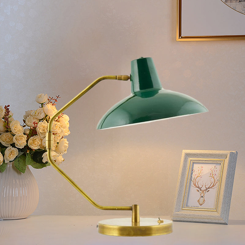 Retro Brass Iron Bow Desk Lamp With Single Bulb And Green/White Wide Bowl Shade