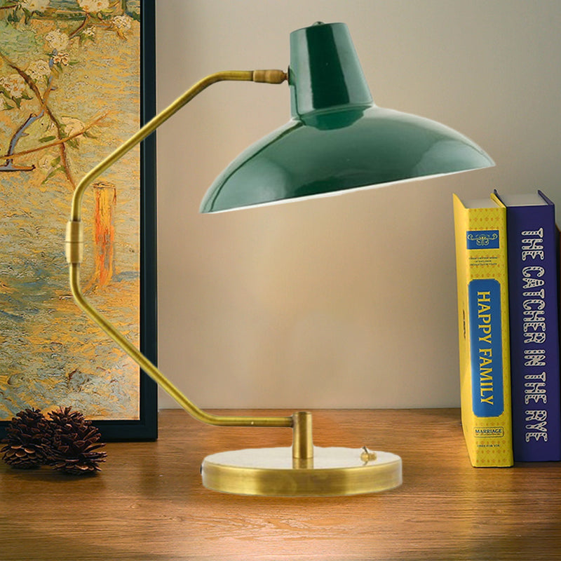 Retro Brass Iron Bow Desk Lamp With Single Bulb And Green/White Wide Bowl Shade