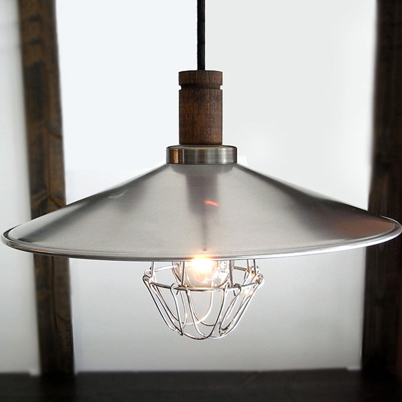 Aluminum Pendant Light With Wire Cage And Wood Cork: Farmhouse Style Suspension Lamp Silver