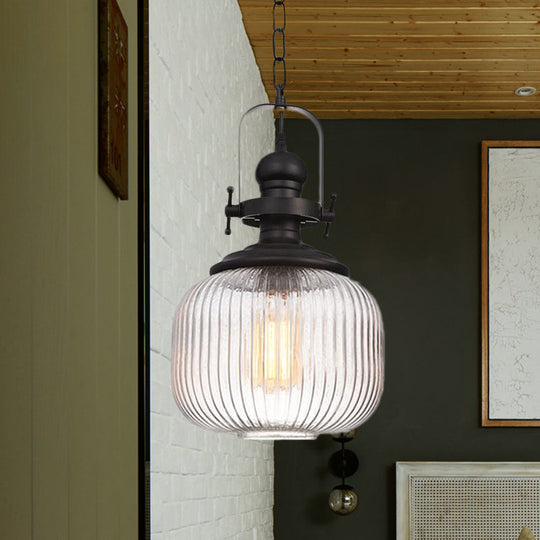 Vintage Clear Ribbed Glass Pendant Ceiling Light - Ovale/Drum Design 1 Head Black / B