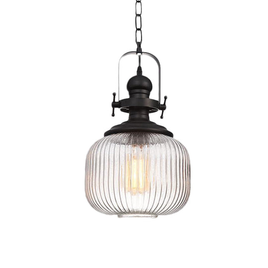 Vintage Black Ribbed Glass Pendant Ceiling Light – Ovale/Drum Style