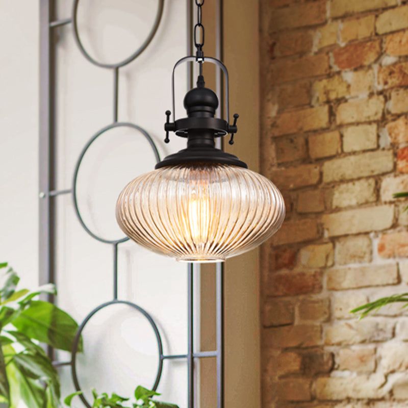 Vintage Black Ribbed Glass Pendant Ceiling Light – Ovale/Drum Style