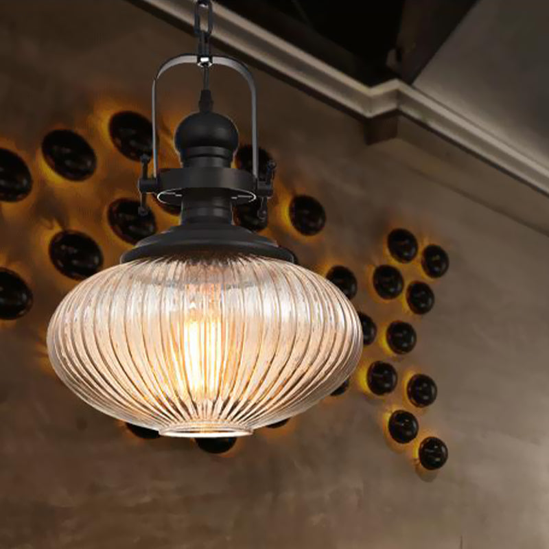 Vintage Black Ribbed Glass Pendant Ceiling Light – Ovale/Drum Style