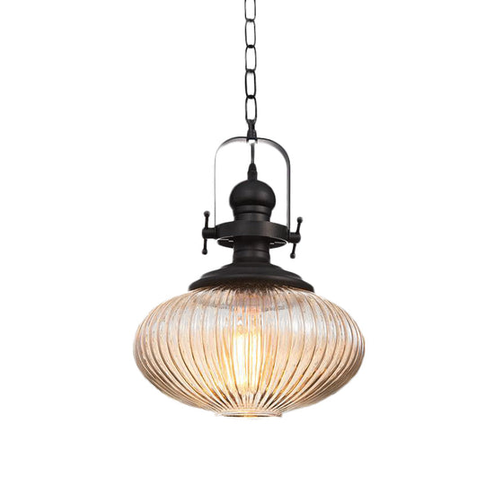 Vintage Black Ribbed Glass Pendant Ceiling Light – Ovale/Drum Style