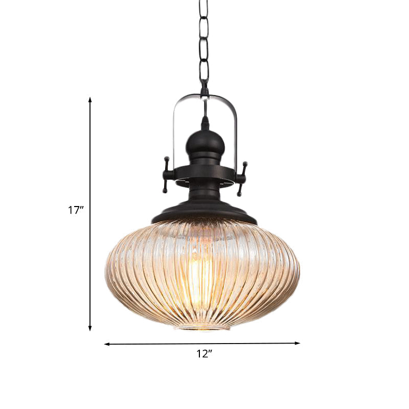 Vintage Black Ribbed Glass Pendant Ceiling Light – Ovale/Drum Style