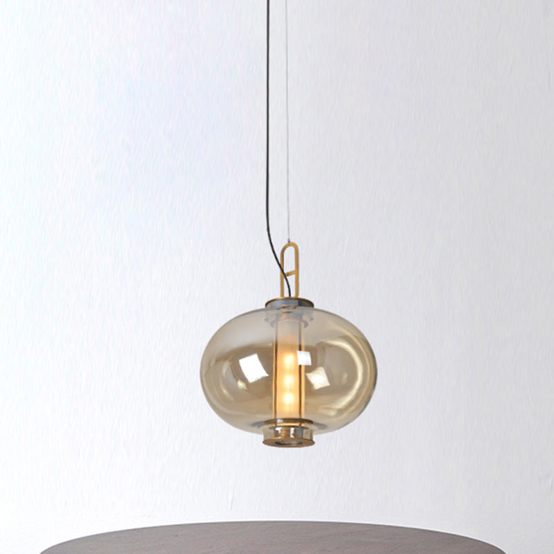 Retro Gold Pendulum Light with Amber Glass Sphere/Ellipse/Oblong Design and Tube Frame Insert (12.5"/19" H)