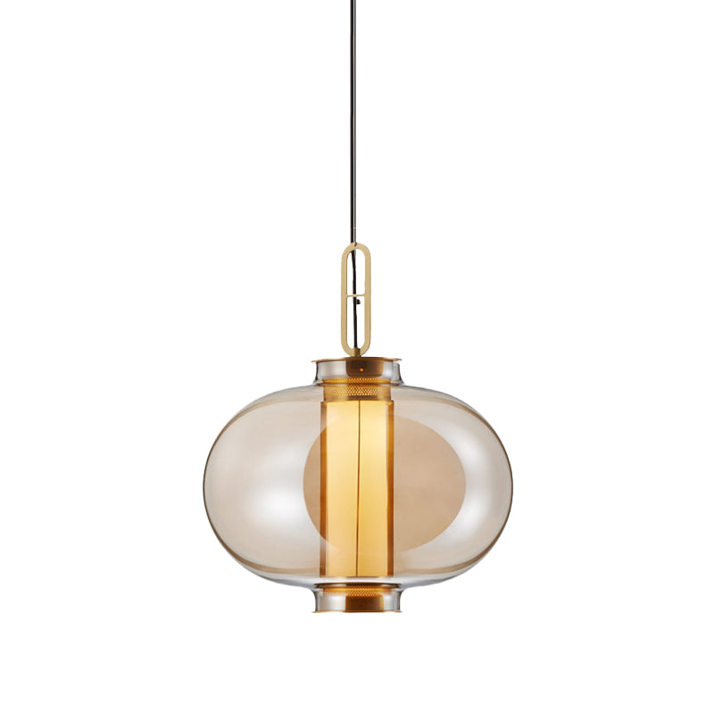 Retro Gold Pendulum Light with Amber Glass Sphere/Ellipse/Oblong Design and Tube Frame Insert (12.5"/19" H)