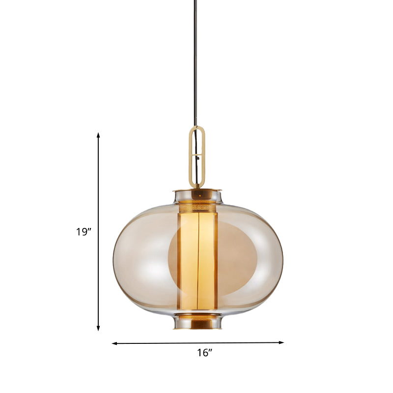 Retro Gold Pendulum Light with Amber Glass Sphere/Ellipse/Oblong Design and Tube Frame Insert (12.5"/19" H)