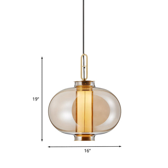 Retro Gold Pendulum Light with Amber Glass Sphere/Ellipse/Oblong Design and Tube Frame Insert (12.5"/19" H)