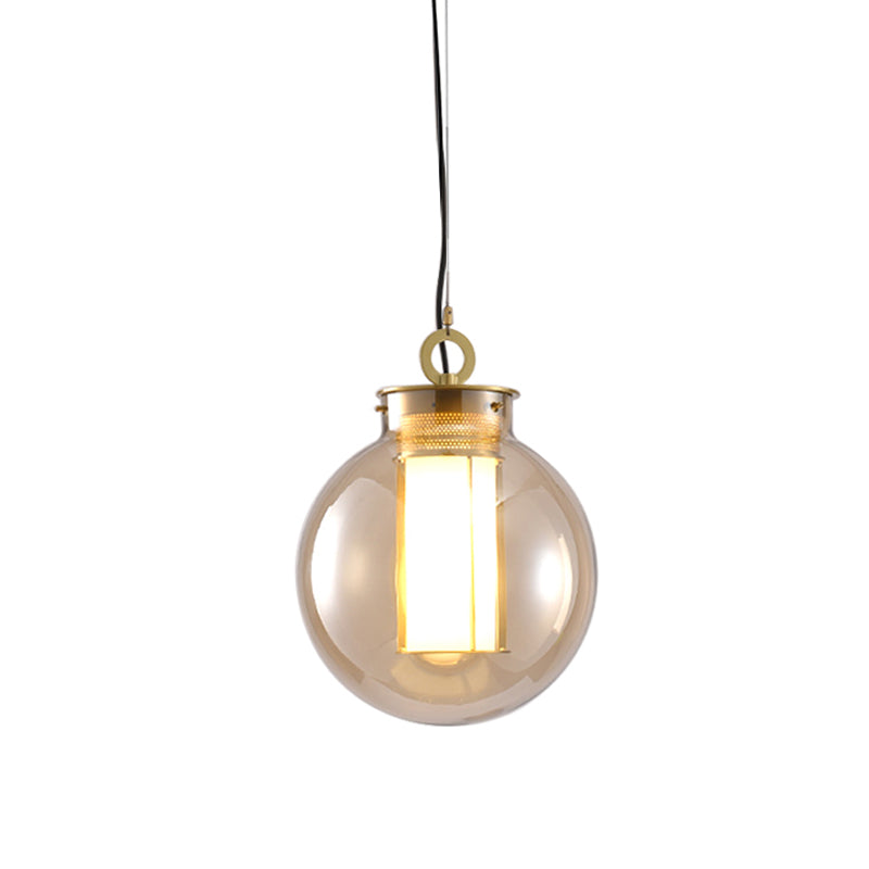 Retro Gold Pendulum Light with Amber Glass Sphere/Ellipse/Oblong Design and Tube Frame Insert (12.5"/19" H)