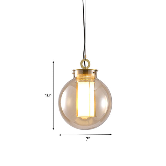 Retro Gold Pendulum Light with Amber Glass Sphere/Ellipse/Oblong Design and Tube Frame Insert (12.5"/19" H)