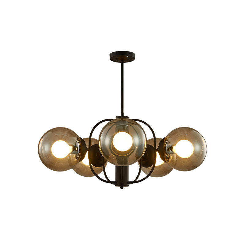 Retro Glass Sphere Chandelier - Clear/Light-Tan 5 Heads Cage Arm Ideal For Living Room Ceiling