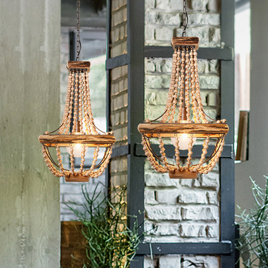 Traditional Wood Beaded Hanging Light Basket In Brown - Single Suspended Lighting Fixture