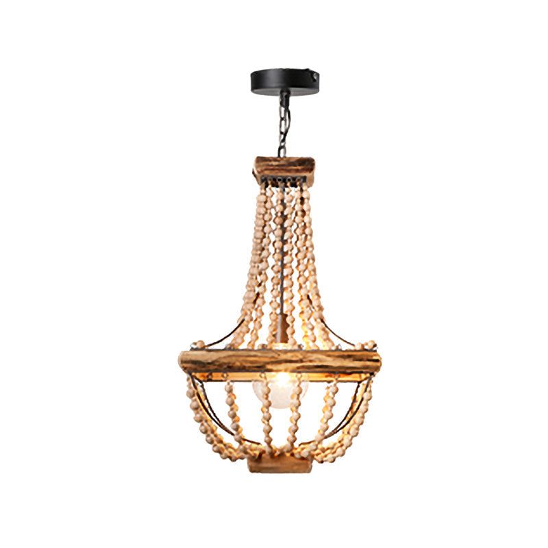 Traditional Wood Beaded Hanging Light Basket In Brown - Single Suspended Lighting Fixture