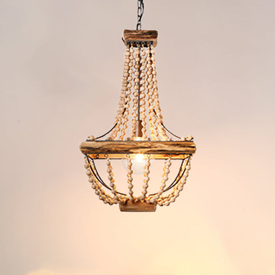 Traditional Wood Beaded Hanging Light Basket In Brown - Single Suspended Lighting Fixture