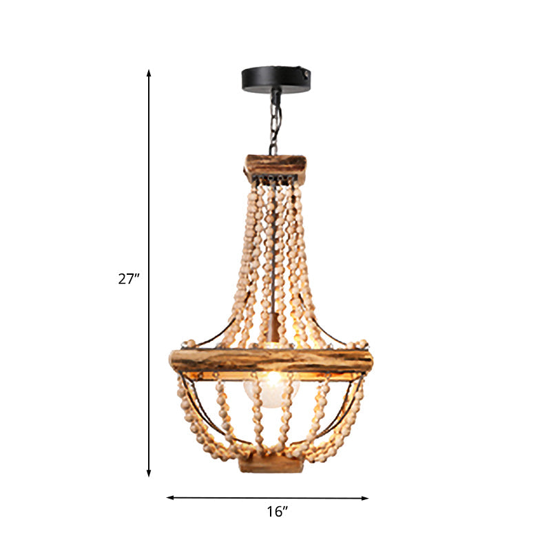 Traditional Wood Beaded Hanging Light Basket In Brown - Single Suspended Lighting Fixture