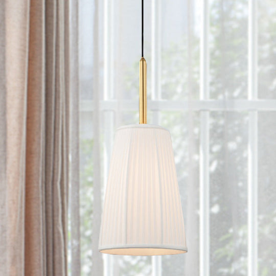 Farmhouse Pleated Fabric Bell Bedside Pendant Light - White With Gold Accent Bulb