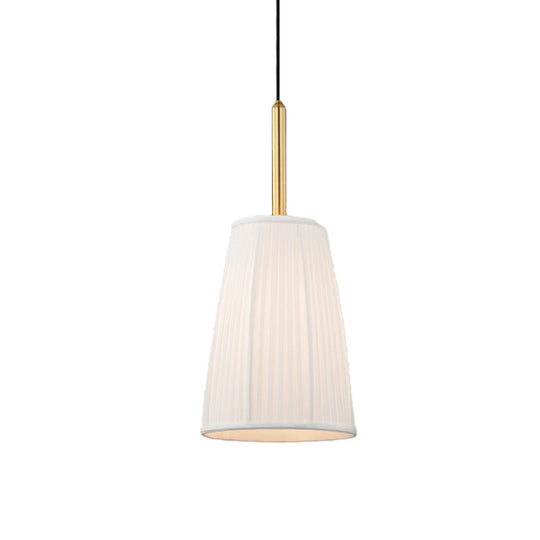 Farmhouse Pleated Fabric Bell Bedside Pendant Light - White With Gold Accent Bulb