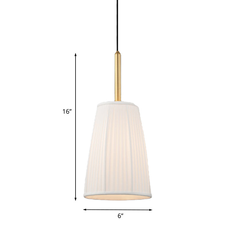 Farmhouse Pleated Fabric Bell Bedside Pendant Light - White With Gold Accent Bulb