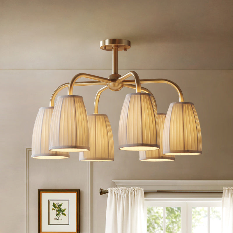 Gold 6-Light Flush Chandelier with Countryside Gathering Fabric and Bell Shaped Design