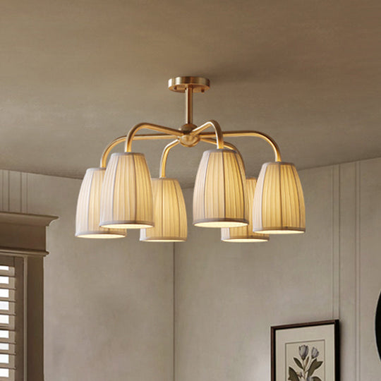 Gold 6-Light Flush Chandelier with Countryside Gathering Fabric and Bell Shaped Design